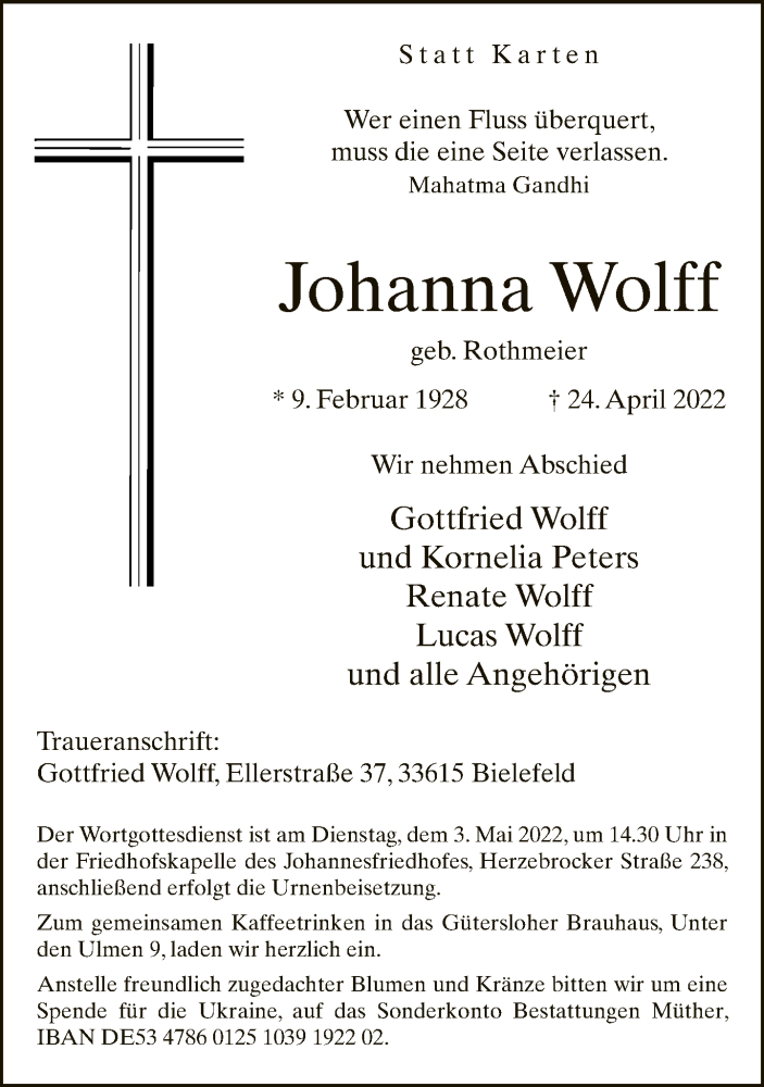 Traueranzeige für Johanna Wolff vom 27.04.2022 aus Neue Westfälische
