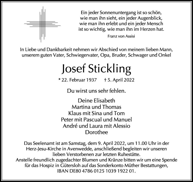  Traueranzeige für Josef Stickling vom 07.04.2022 aus Neue Westfälische