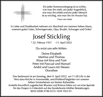 Traueranzeige von Josef Stickling von Neue Westfälische