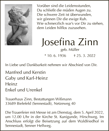 Traueranzeige von Josefina Zinn von Neue Westfälische