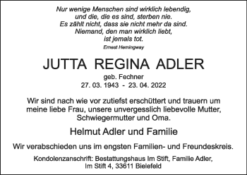 Traueranzeige von Jutta Regina Adler von Neue Westfälische