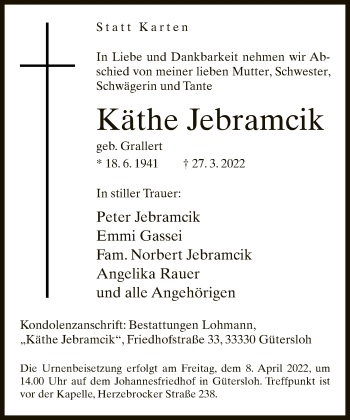 Traueranzeige von Käthe Jebramcik von Neue Westfälische