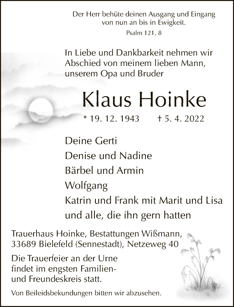  Traueranzeige für Klaus Hoinke vom 09.04.2022 aus Neue Westfälische