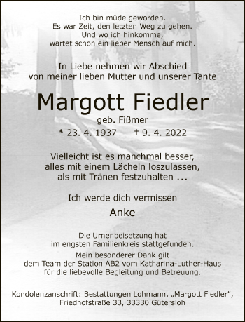 Traueranzeige von Margott Fiedler von Neue Westfälische