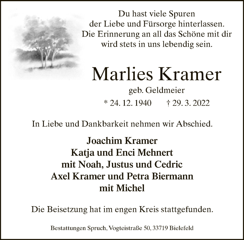  Traueranzeige für Marlies Kramer vom 13.04.2022 aus Neue Westfälische
