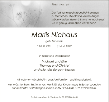 Traueranzeige von Marlis Niehaus von Neue Westfälische