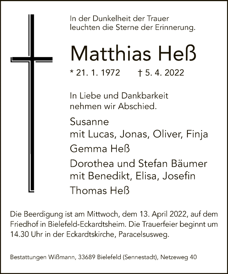  Traueranzeige für Matthias Heß vom 11.04.2022 aus Neue Westfälische