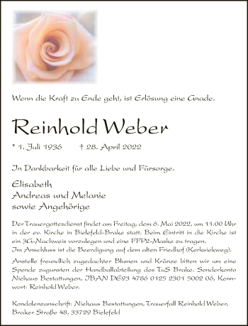 Traueranzeige von Reinhold Weber von Neue Westfälische