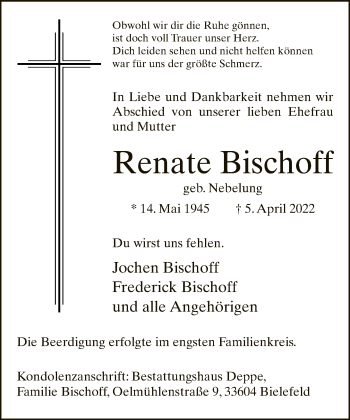 Traueranzeige von Renate Bischoff von Neue Westfälische