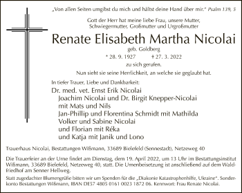 Traueranzeige von Renate Elisabeth Martha Nicolai von Neue Westfälische
