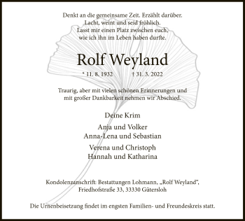 Traueranzeige von Rolf Weyland von Neue Westfälische