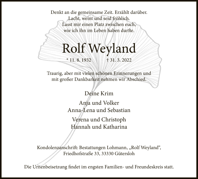  Traueranzeige für Rolf Weyland vom 09.04.2022 aus Neue Westfälische