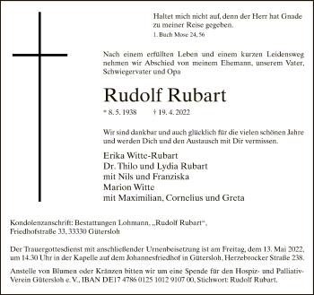 Traueranzeige von Rudolf Rubart von Neue Westfälische