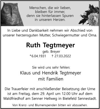 Traueranzeige von Ruth Tegtmeyer von Neue Westfälische