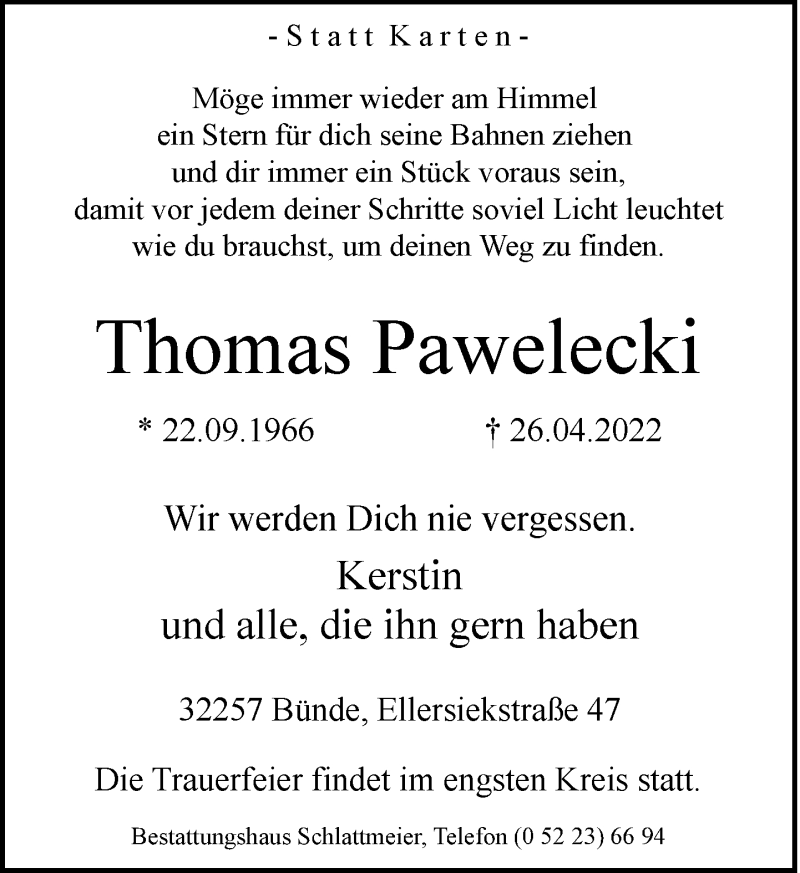  Traueranzeige für Thomas Pawelecki vom 30.04.2022 aus Neue Westfälische