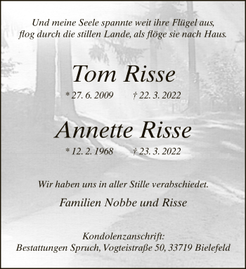 Traueranzeige von Tom und Annette Risse von Neue Westfälische