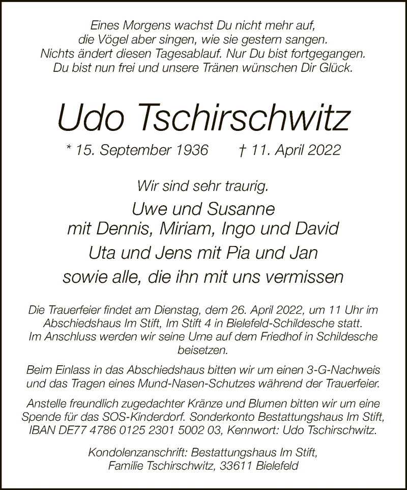  Traueranzeige für Udo Tschirschwitz vom 15.04.2022 aus Neue Westfälische