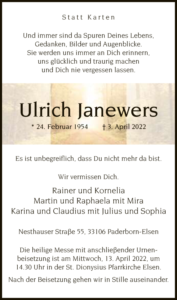  Traueranzeige für Ulrich Janewers vom 09.04.2022 aus Neue Westfälische