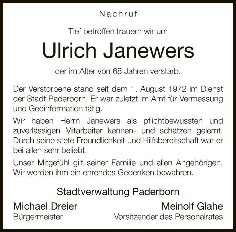  Traueranzeige für Ulrich Janewers vom 13.04.2022 aus Neue Westfälische