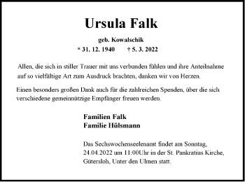 Traueranzeige von Ursula Falk von Neue Westfälische