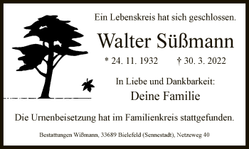 Traueranzeige von Walter Süßmann von Neue Westfälische