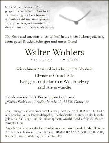 Traueranzeige von Walter Wohlers von Neue Westfälische