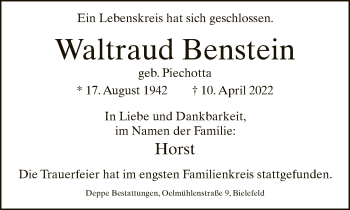 Traueranzeige von Waltraud Benstein von Neue Westfälische