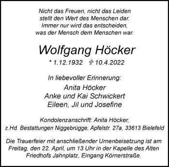 Traueranzeige von Wolfgang Höcker von Neue Westfälische