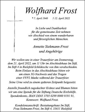 Traueranzeige von Wolfhard Frost von Neue Westfälische