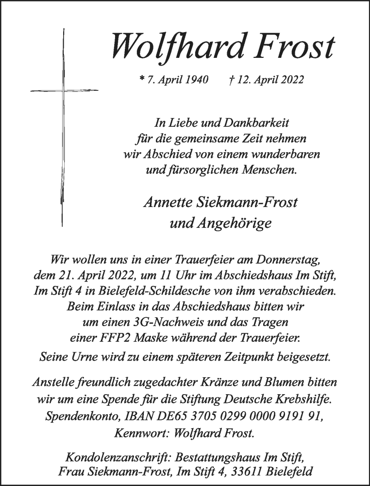  Traueranzeige für Wolfhard Frost vom 20.04.2022 aus Neue Westfälische