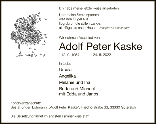 Traueranzeige von Adolf Peter Kaske von Neue Westfälische