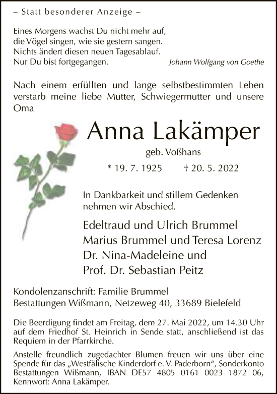 Traueranzeige von Anna Lakämper von Neue Westfälische