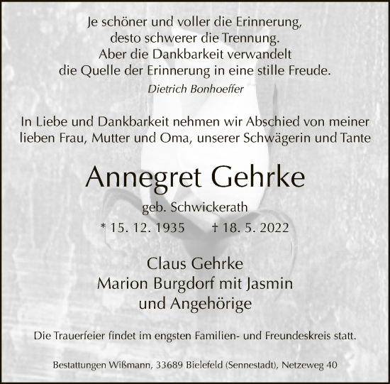 Traueranzeige von Annegret Gehrke von Neue Westfälische