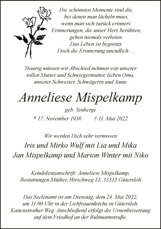 Traueranzeige von Anneliese Mispelkamp von Neue Westfälische
