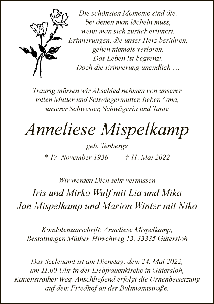  Traueranzeige für Anneliese Mispelkamp vom 14.05.2022 aus Neue Westfälische