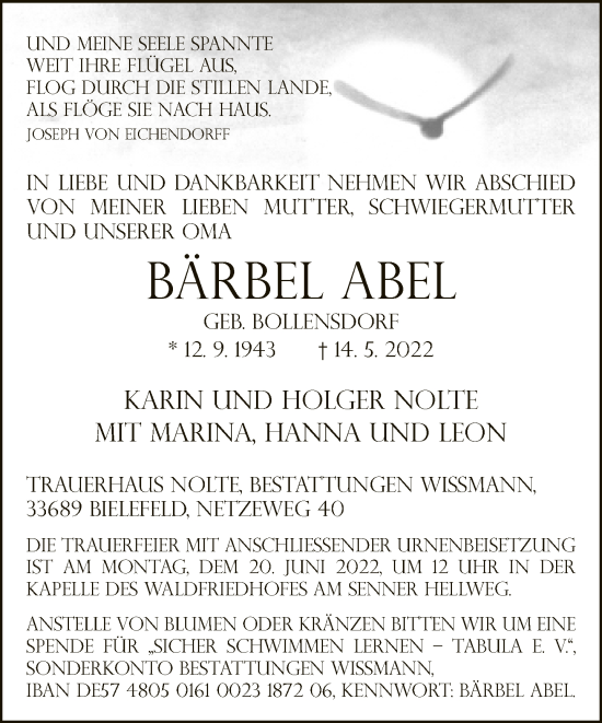 Traueranzeige von Bärbel Abel von Neue Westfälische