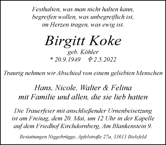 Traueranzeige von Birgitt Koke von Neue Westfälische