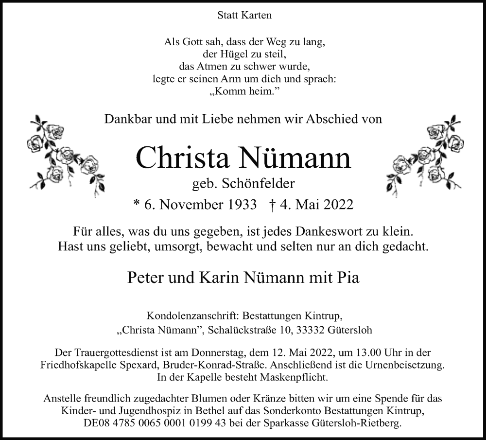  Traueranzeige für Christa Nümann vom 07.05.2022 aus Neue Westfälische