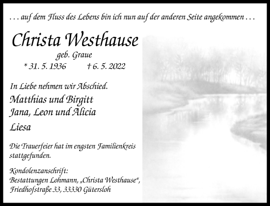 Traueranzeige von Christa Westhause von Neue Westfälische