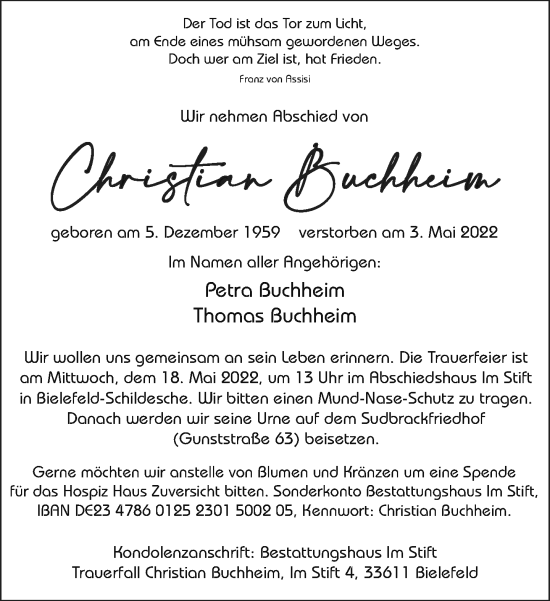 Traueranzeige von Christian Buchheim von Neue Westfälische