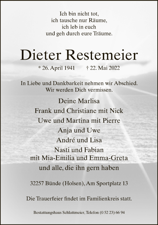 Traueranzeige von Dieter Restemeier von Neue Westfälische