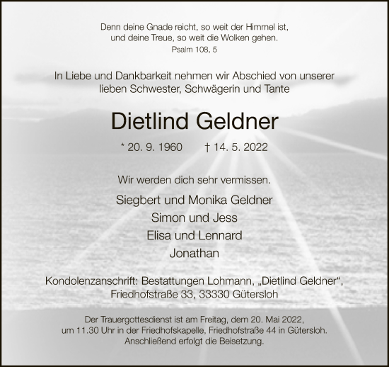 Traueranzeige von Dietlind Geldner von Neue Westfälische