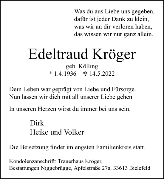 Traueranzeige von Edeltraud Kröger von Neue Westfälische