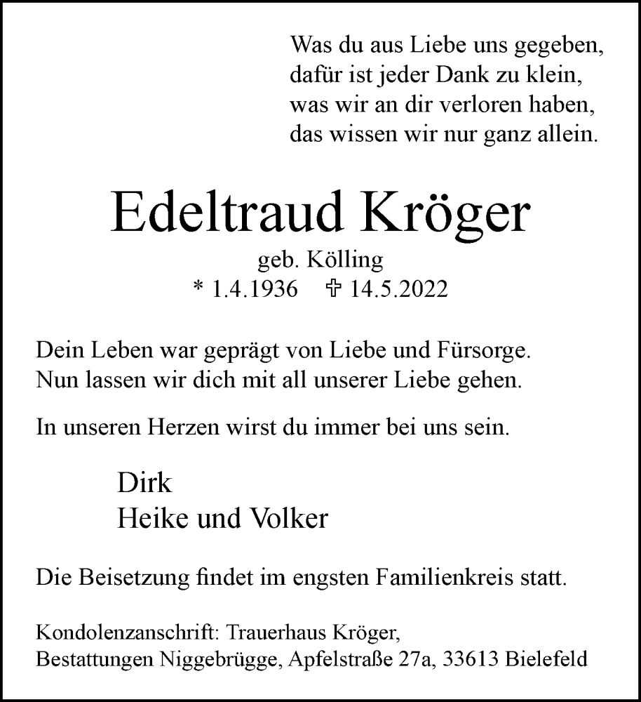 Traueranzeige für Edeltraud Kröger vom 21.05.2022 aus Neue Westfälische
