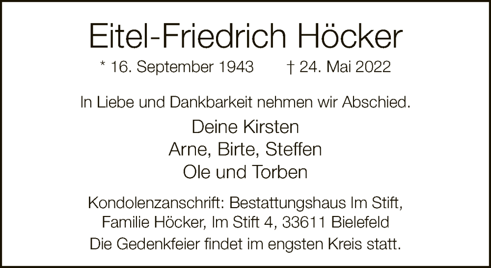  Traueranzeige für Eitel-Friedrich Höcker vom 31.05.2022 aus Neue Westfälische