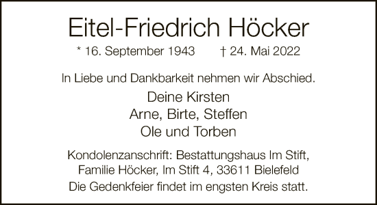 Traueranzeige von Eitel-Friedrich Höcker von Neue Westfälische