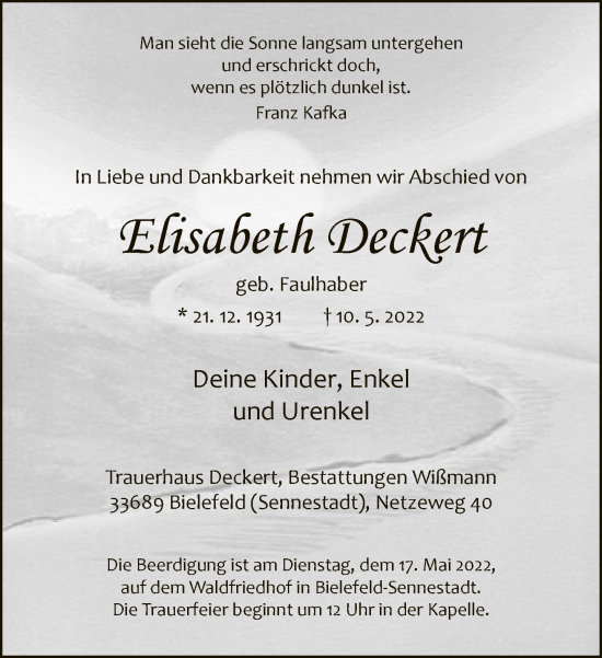 Traueranzeige von Elisabeth Deckert von Neue Westfälische