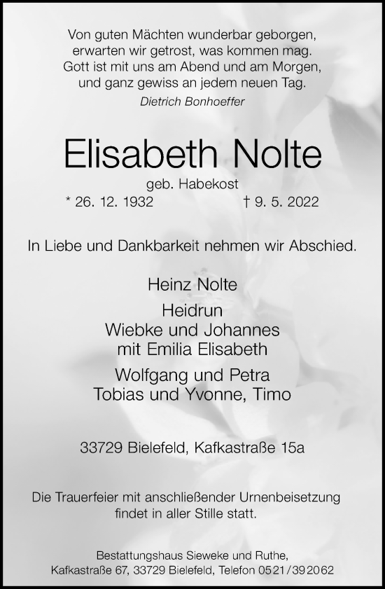 Traueranzeige von Elisabeth Nolte von Neue Westfälische