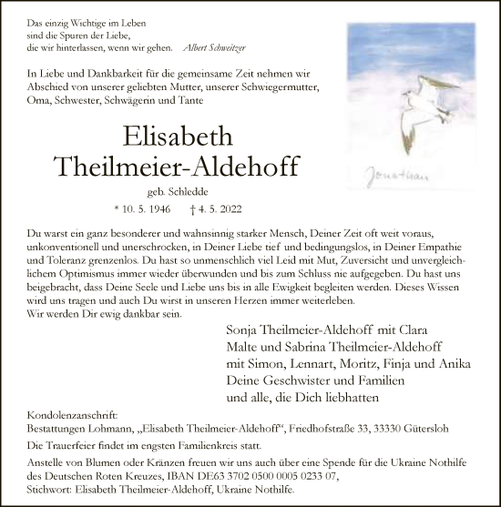Traueranzeige von Elisabeth Theilmeier-Aldehoff von Neue Westfälische