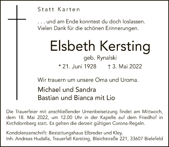 Traueranzeige von Elsbeth Kersting von Neue Westfälische